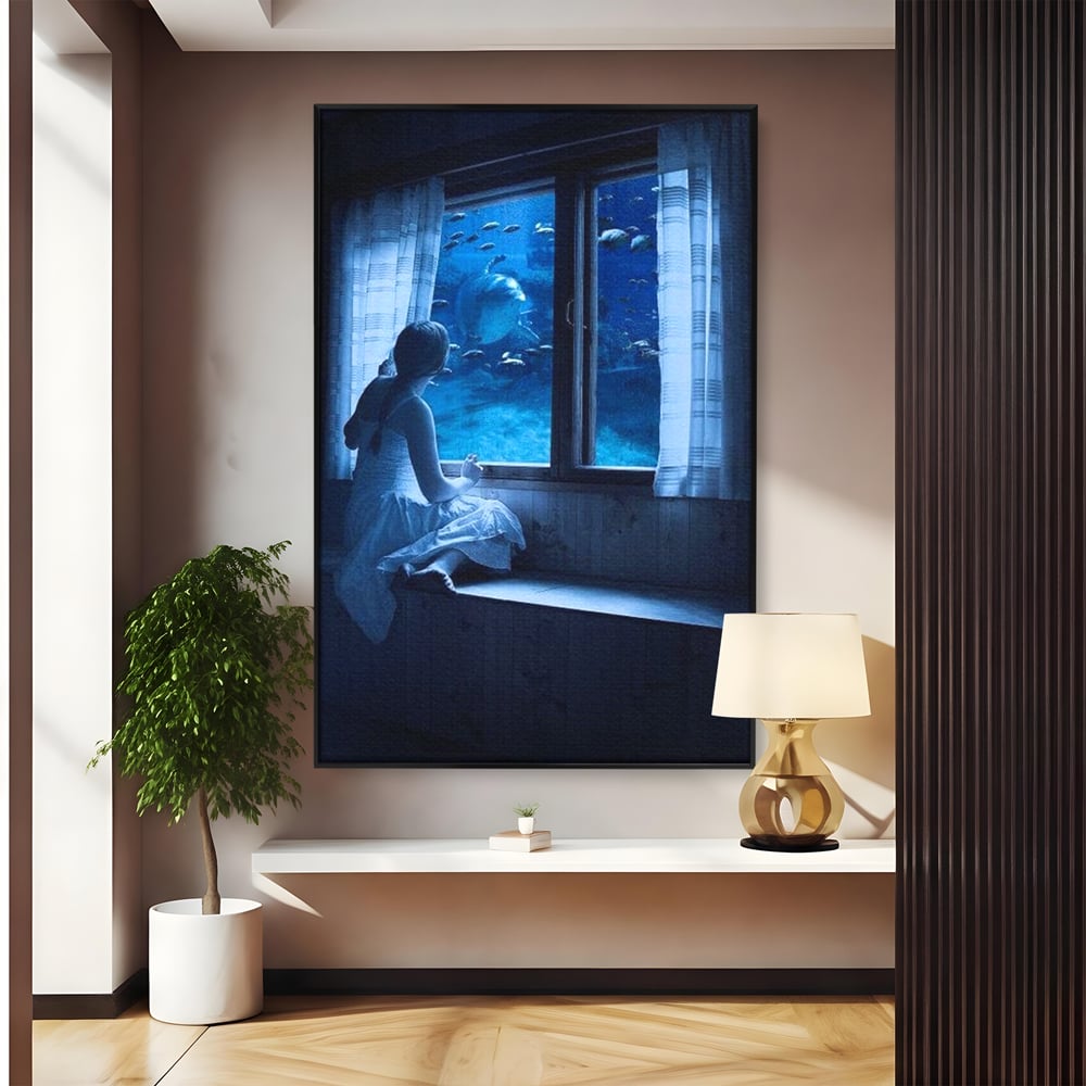 Tablou canvas cu tablou canvas cu fata privind in acvariu, in rama de aluminiu negru